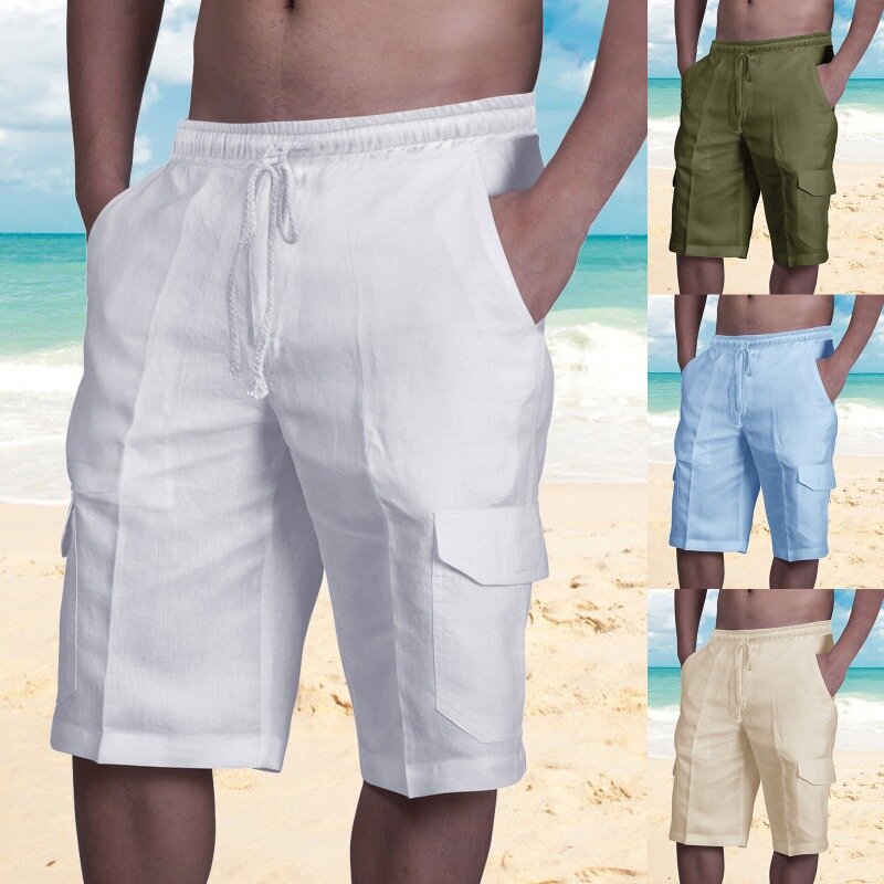 2024 Summer Men's Casual Solid Color New Linen Shorts Multi Pocket Men's Lace Up Men's Beach Solid Color Work Pants M-3XL