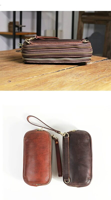 High-quality natural real cowhide men's clutch bag original handmade genuine leather large-capacity multi-zipper wrist wallet