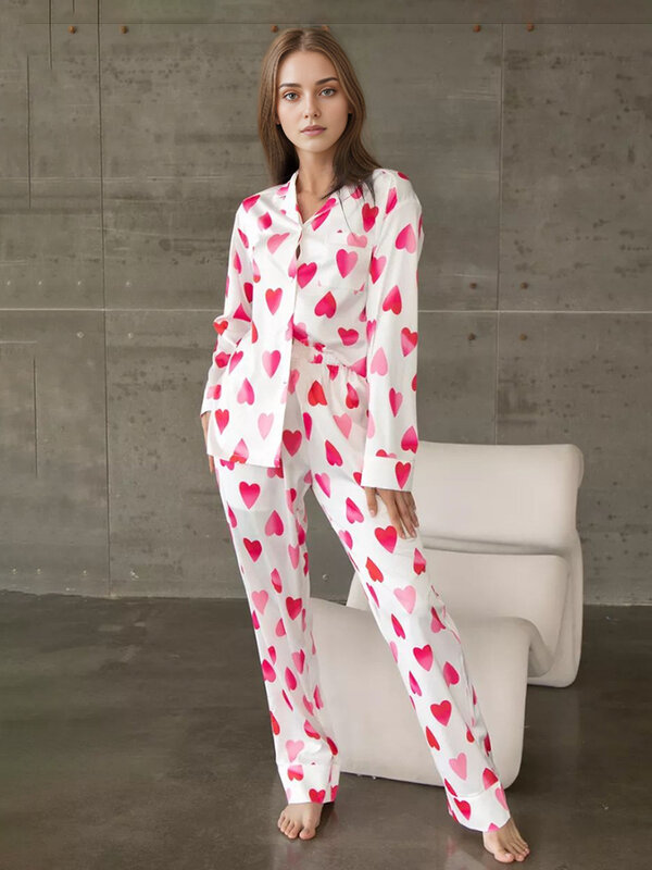 Marthaqiqi-Pyjama imprimé pour femme, vêtement de nuit sexy, col rabattu, manches longues, pantalon à la mode
