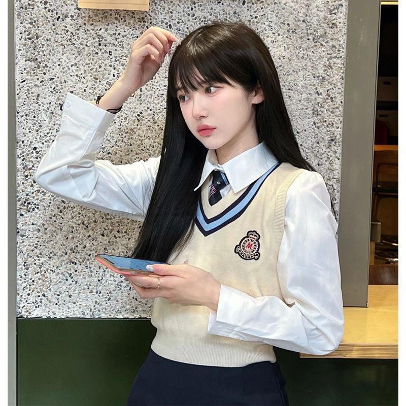 Uniforme Jk mejorado para niña, conjunto de camisa de manga larga, falda, chaleco dulce, estilo universitario, informal, diario, Japón, Corea