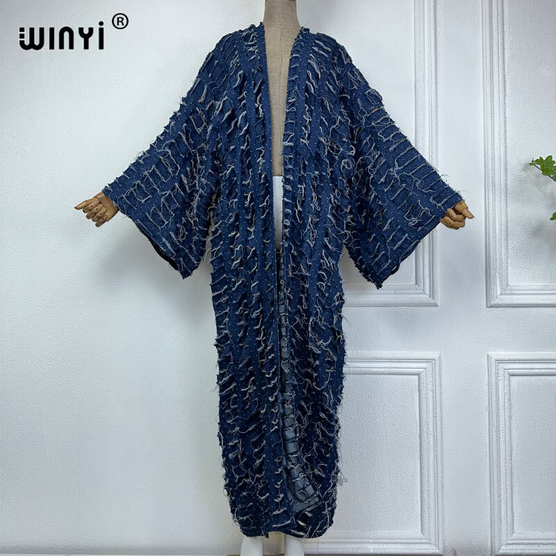 Winyi-女性の透かし彫りのロングダウンコート、ルーズオーバーコート、水着カバーアップ、着物、秋、冬、新しいファッション、2023