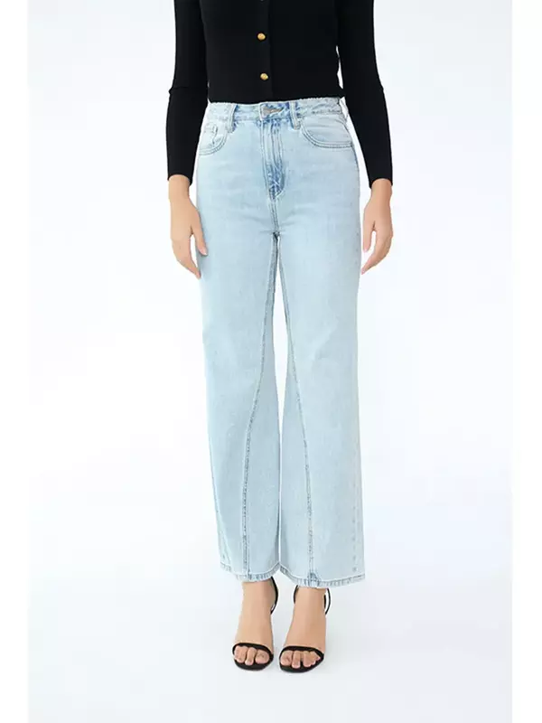 Women's Denim Pants Solid Color Zipper Fly High Waist Twist Sewn Casual Loose Spring Summer Cotton Long Flared Jeans
