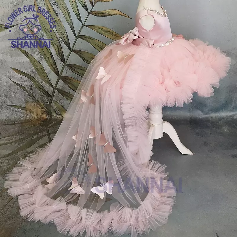 Vestido rosa inchado menina com trem, vestidos de florista, laço, vestido de aniversário infantil, primeira comunhão, fofo