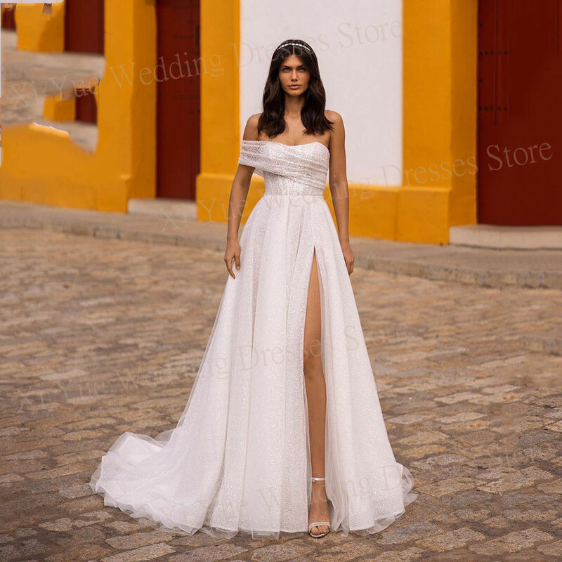 Bohemia Shiny Tulle Wedding Dresses Modern A Line One Shoulder Lace Up Bride Gowns With High Sexy Side Split Vestidos De Noivas