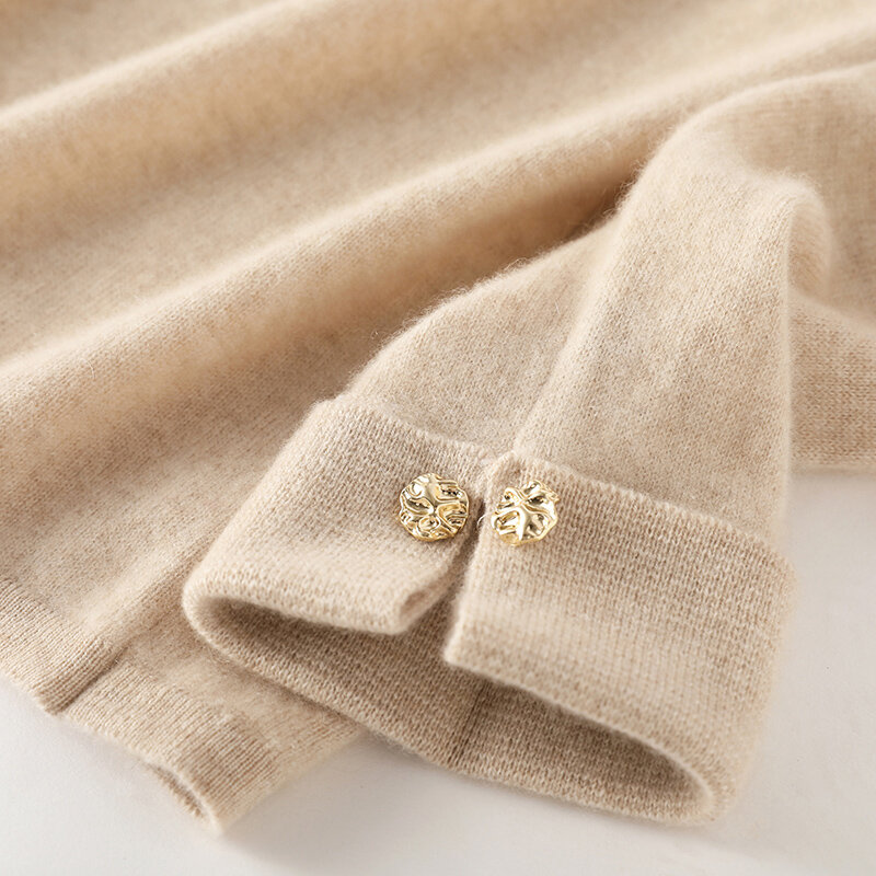 Camisola de lã merino com gola redonda feminina, malha de cashmere, pulôver monocromático, quente, de alta qualidade, outono, inverno, 100%