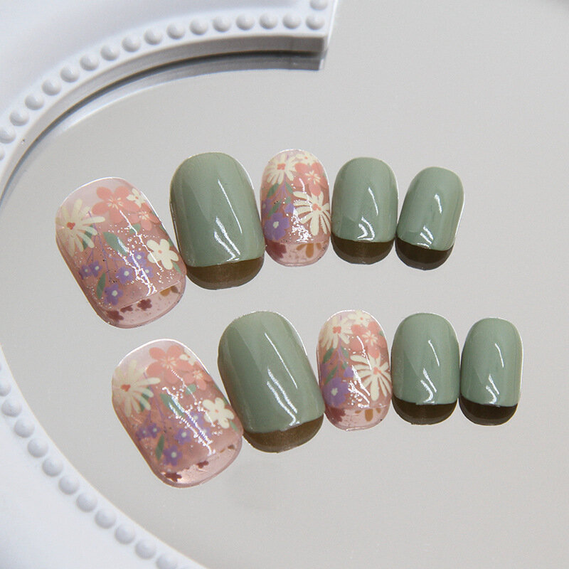 24 шт. короткие круглые накладные ногти французские съемные маленькие свежие цветы накладные ногти полное покрытие нажимные ногти Типсы