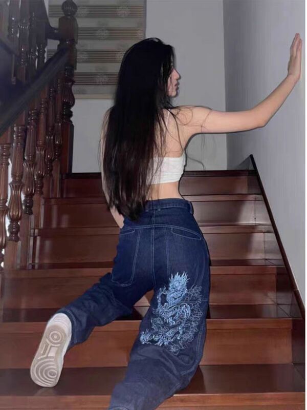 Уличные Молодежные джинсы в американском стиле Харадзюку с вышивкой китайского дракона для мужчин и женщин свободные прямые джинсы большого размера с эффектом потертости y2k