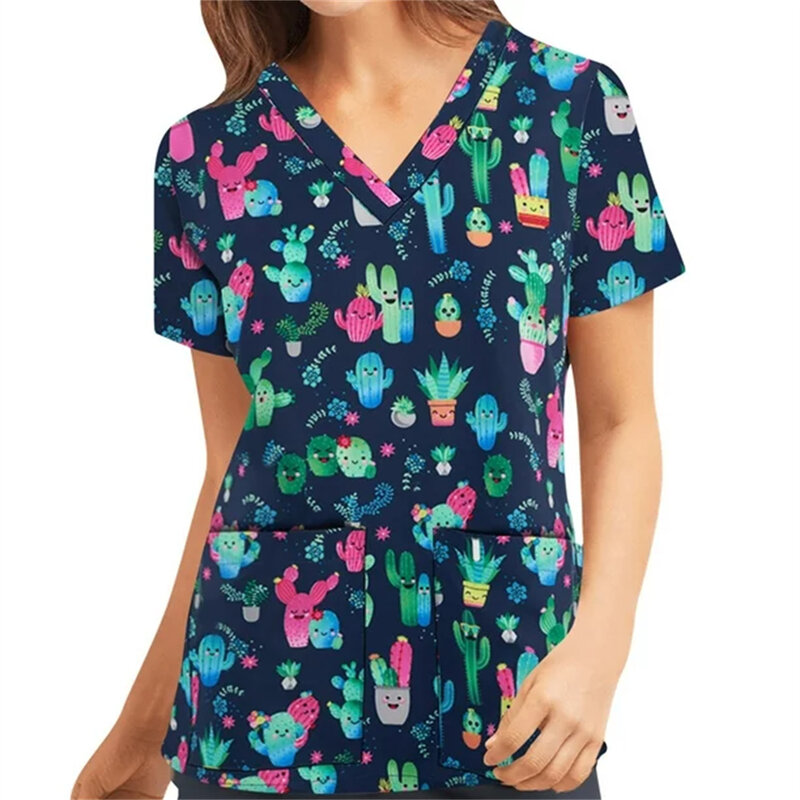 Damska koszulka z ubrania robocze odzież damska i zarośla z dwiema kieszeniami w kwiaty z krótkim rękawem bluza z wycięciem w serek Top