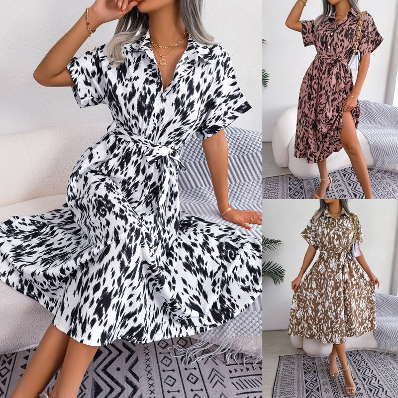 Женская летняя одежда, повседневное шифоновое платье-трапеция с коротким рукавом и леопардовым принтом, уличная одежда, рубашки, Женская юбка