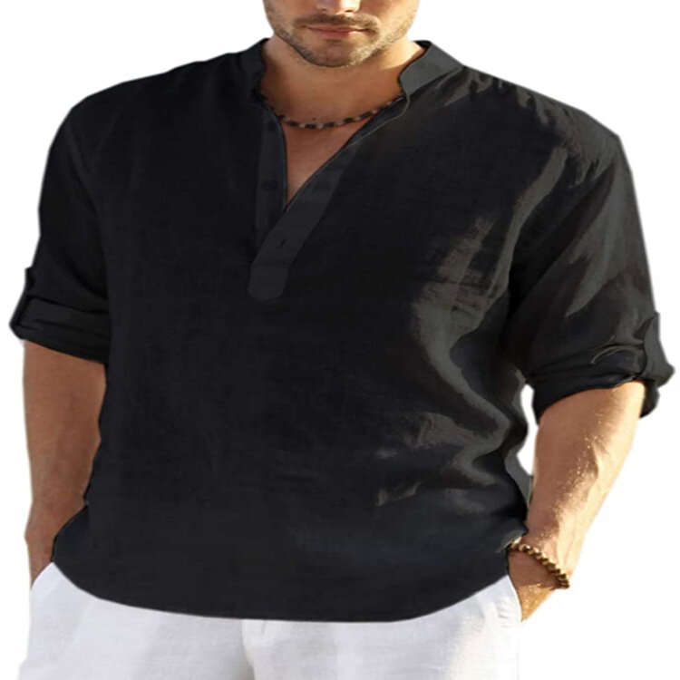 Letnia europejska męska lniana koszulka z długim rękawem luźna bluza jednokolorowa bawełniana lniana koszula z długim rękawem męska duża koszulka