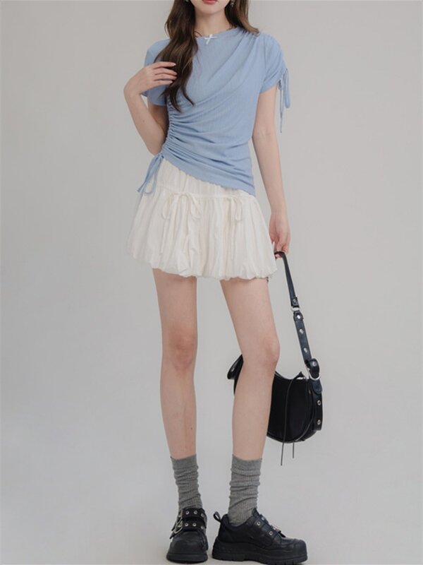 SUNSIREN-minifalda de farol con lazo para mujer, falda fruncida de color liso, Y2K, estilo Harajuku, Puffball