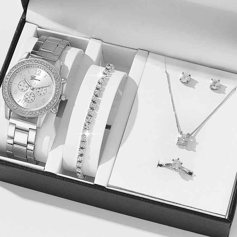 Set jam tangan berlian imitasi baja tahan karat, Set perhiasan dengan dekorasi berlian imitasi gelang kalung cincin kuarsa untuk ulang tahun