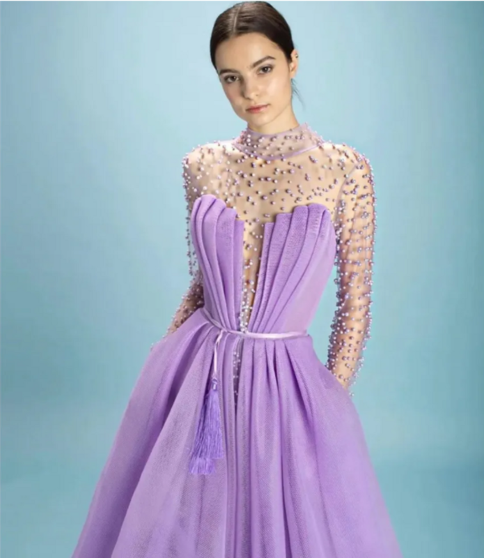 Gaun malam wanita ungu elegan gaun Formal lengan manik-manik mutiara leher tinggi gaun pesta dansa gaun pesta wanita