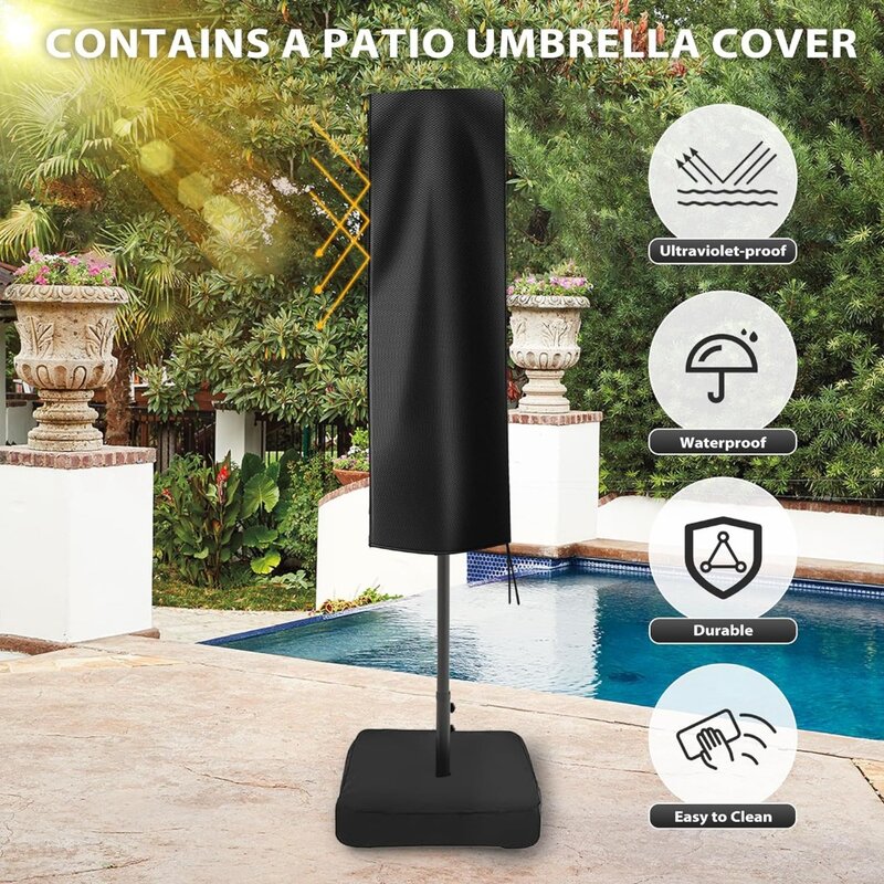 Guarda-chuvas grande com base incluída e capa de guarda-chuva, guarda-chuva exterior dupla face para jardim à beira da piscina, 15 pés