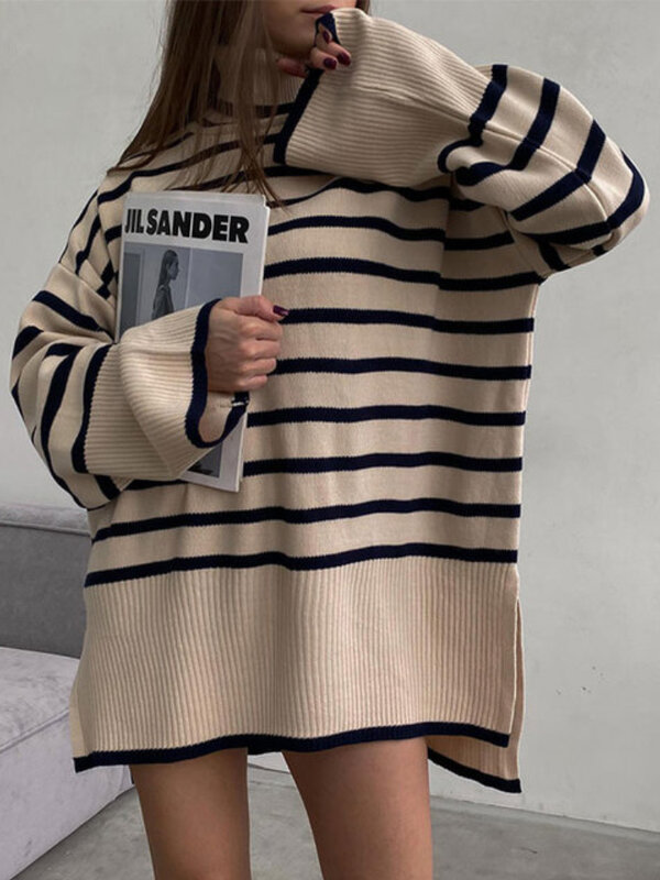 Long Sleeve Striped Knitted Oversized Sweater Split Turtleneck Women Casual Pullover Autumn Winter Fashion Female Jumper Tops