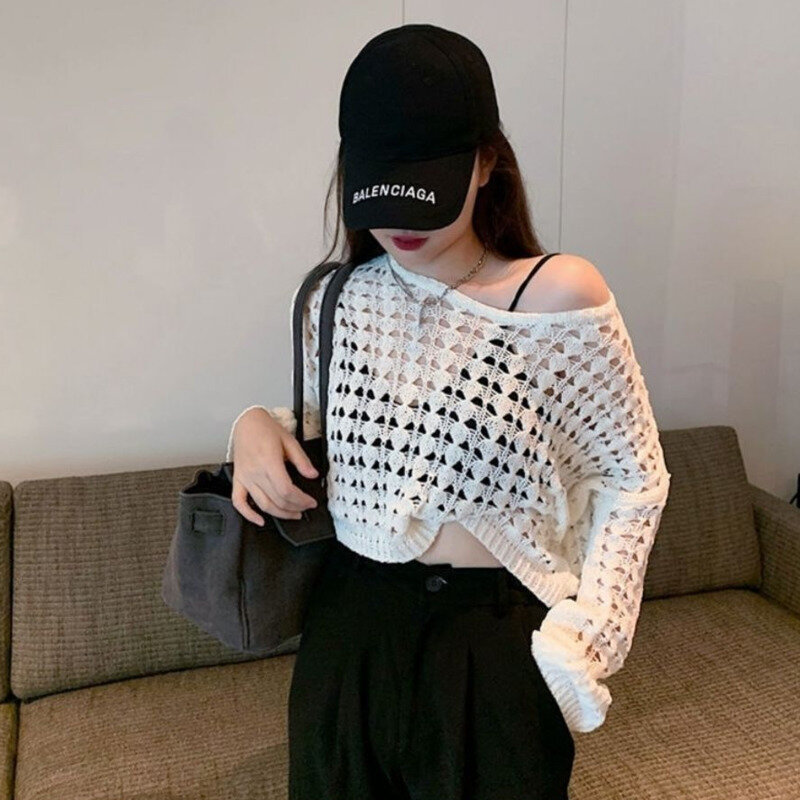 Vintage solto blusa topos coreano curto mulher malhas verão moda all-match casual t sexy geométrica oco para fora outfits 2022