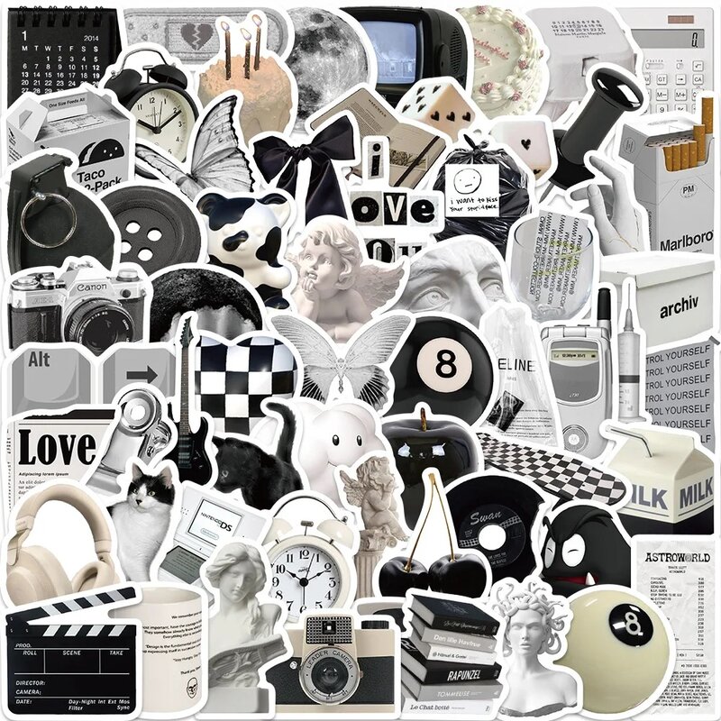 50PCS Mix Black and White Cartoon Stickers Aesthetic INS Decals Kids Toy DIY Diary Suitcase Scrapbook Laptop Joke Sticker