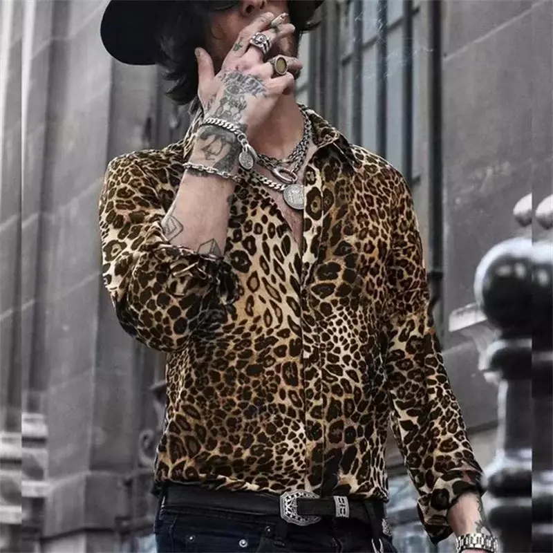 Модные роскошные мужские рубашки с леопардовым принтом, однобортные рубашки, повседневные мужские рубашки с длинным рукавом и ярким камуфляжным принтом