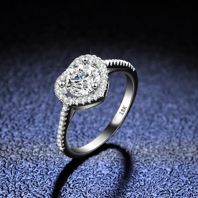 YHAMNI Luxury 18K White Gold Ring Heart Inlay Round 1 Carat Diamond Moissanite Rings for Women High Quality Wedding Gift Jewelry
