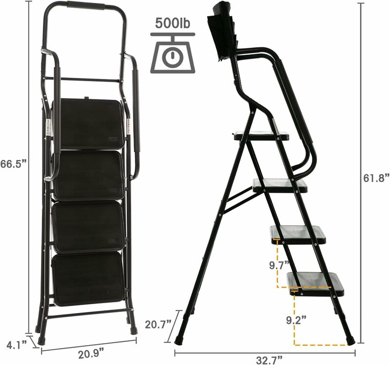 Alat tangga 4 langkah, tangga dapat dilipat bingkai baja portabel kit dapat dilepas untuk proyek rumah kantor (hitam) tangga