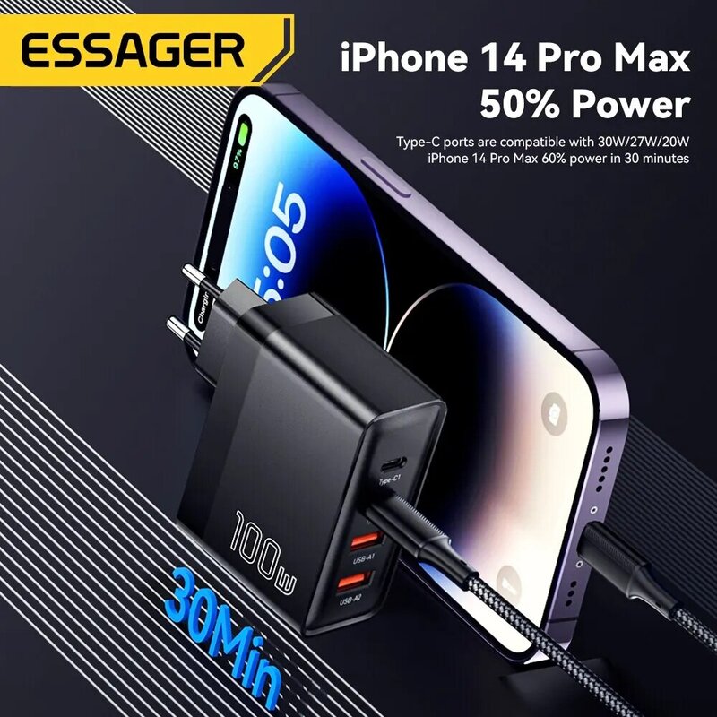 Зарядное устройство Essager 100 Вт GaN USB Type C для быстрой зарядки PD QC 4,0 3,0 Type C Ricarica Rapida для iPhone 14 13 12 Xiaomi Macbook