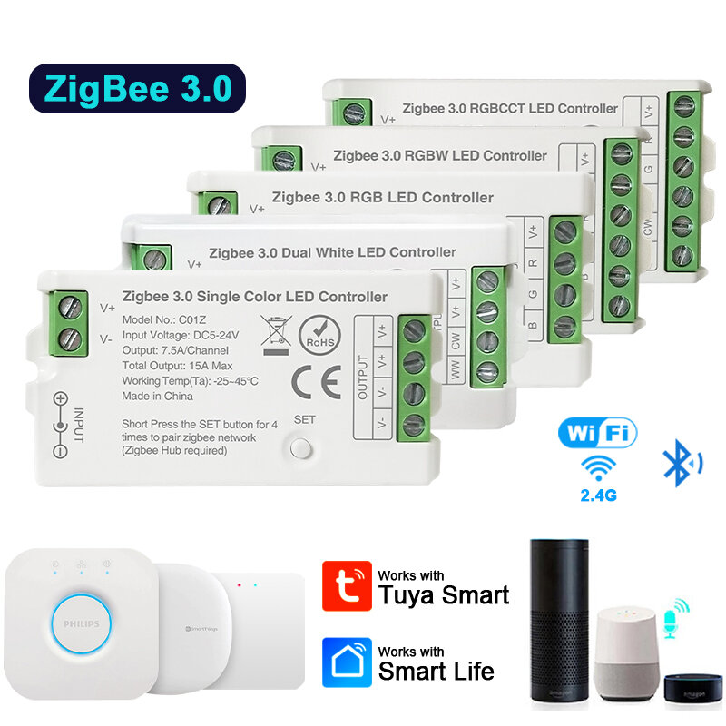 Светодиодный контроллер Zigbee 3.0, Wi-Fi, 2,4 ГГц, CCT, RGB, RGBW, RGBCCT, цветовая полоса, мост Tuya, шлюз, умные вещи, голосовое управление