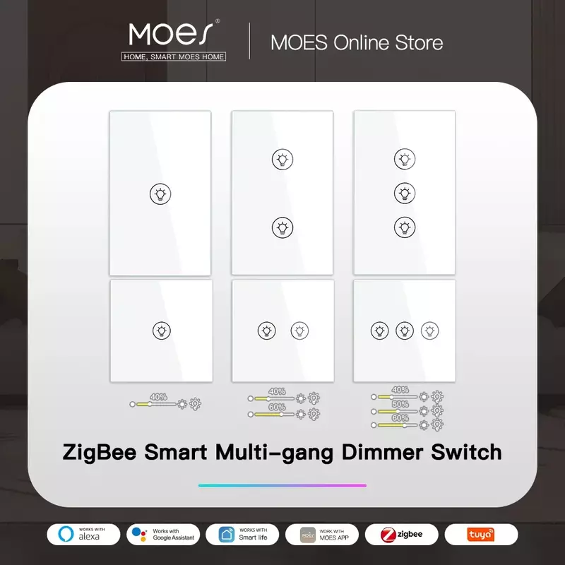 ZigBee Smart Multi-Gang Light Dimmer Switch, Controle Independente, Tuya App Control, Funciona com Alexa, Google Home, 1 Gang, 2 Gang, 3 Gang
