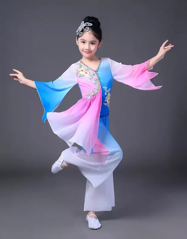 Dziewczęce stroje narodowe Hanfu w stylu chińskim z rękawem taniec kostiumy dla dzieci taniec klasyczny odzież Yangko taniec nowoczesny