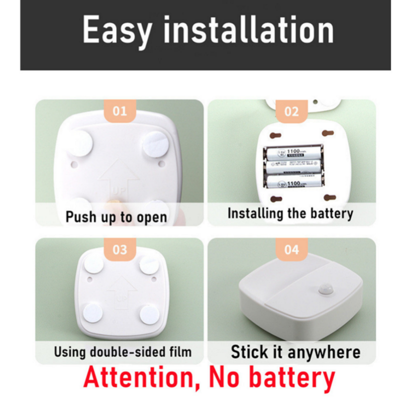2pcs LED Motion Sensor Night Light Baterias Alimentado Lâmpada Sensor sem fio Energy Saving Room Gabinete Luz Corpo Indução Lâmpada