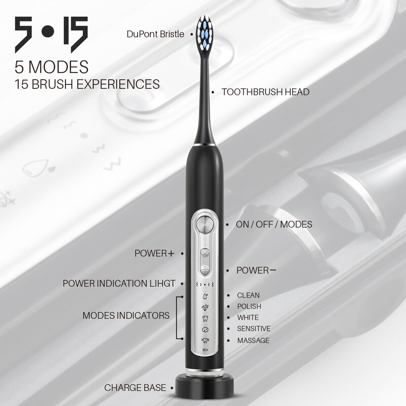 Ультразвуковая электрическая зубная щетка SUBORT, умный таймер, отбеливающая зубная щетка IPX7, набор водонепроницаемых сменных насадок