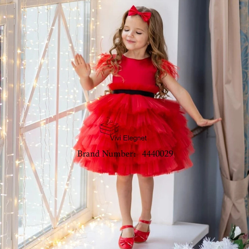 Exquisite rote ärmellose Blumen mädchen kleider für Kinder abgestufte Sommer knielange Schaufel Weihnachts kleider فلور فتاة الباس