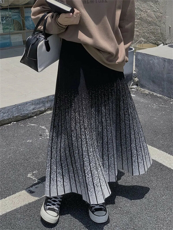 Gradation Knit Skirt Skirt Women High Waist Long Pencil Knitted Casual Vintage Maxi Skirt Vintage Warm Thick Midi Stripe Skirts