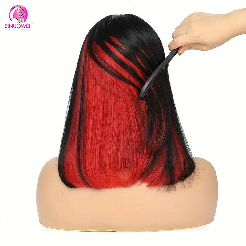Wig Bob rambut manusia renda 4x4 transparan Highlight hitam merah untuk wanita Wig lurus pendek hitam dengan Wig merah rambut berwarna Ombre