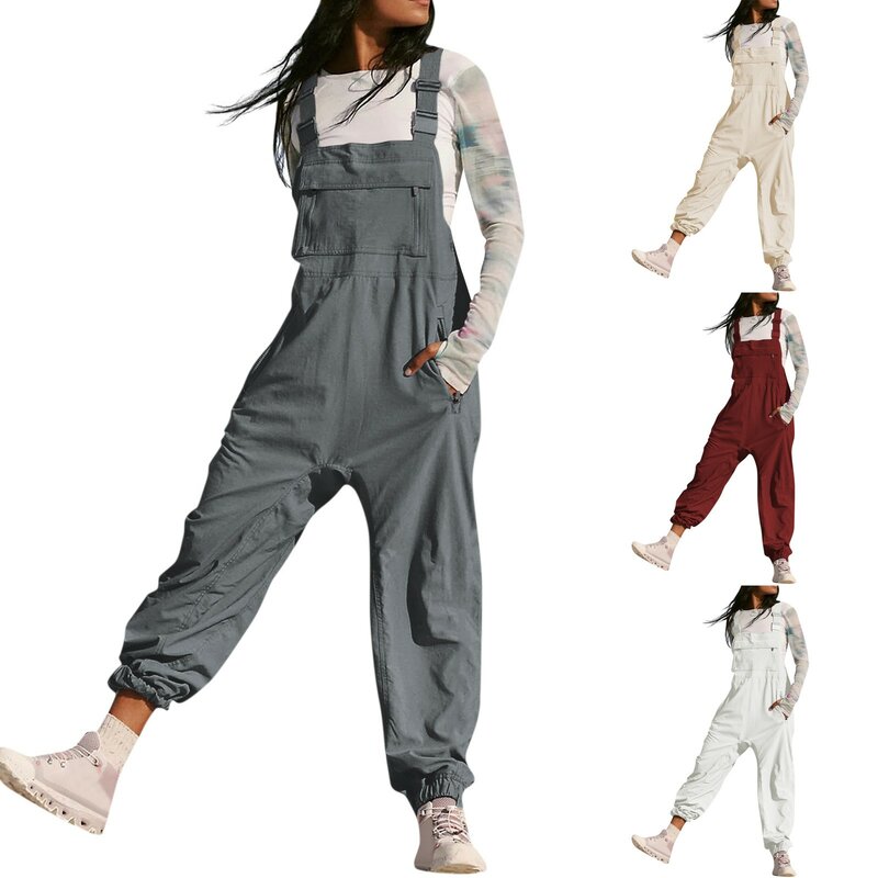 Women'S Overalls Jumpsuits Casual Loose Adjustable Straps Bib Long Pant Jumpsuits With Pockets New Solid Color All-Match Rompers