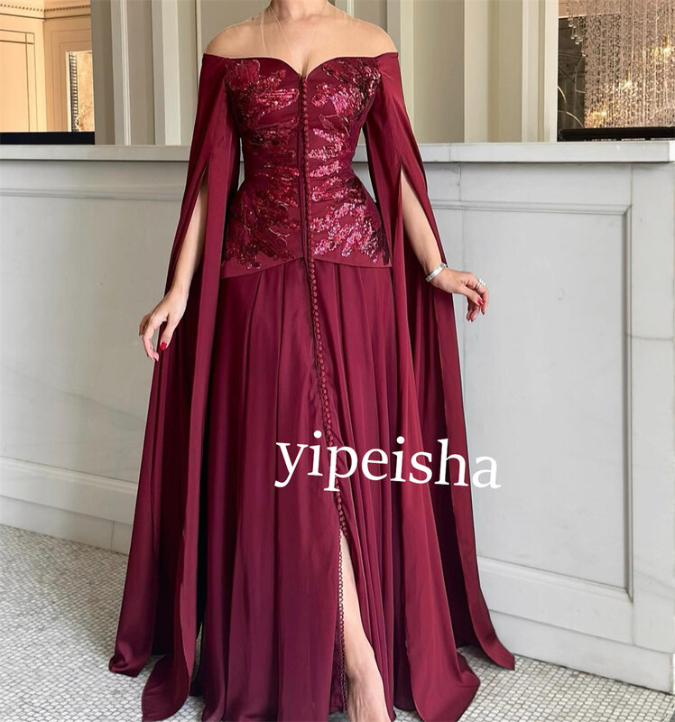 Jersey Beading Sequined Pleat Wedding Party Straight Off-the-shoulder Bespoke Occasion Gown Long Dresses