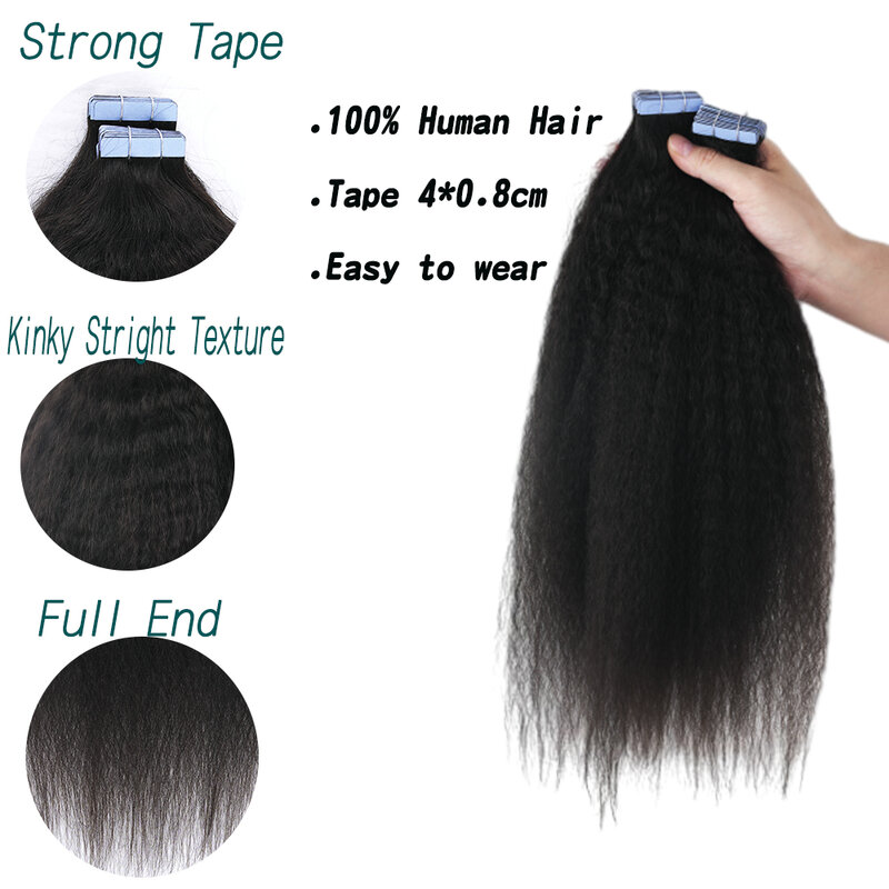 Lovevol-Extensions de Cheveux Crépus Lisses pour Femme, Bande Ins 100% Remy, Noir Naturel, 14 à 26 Pouces, 20 Pièces, 50 g/ensemble