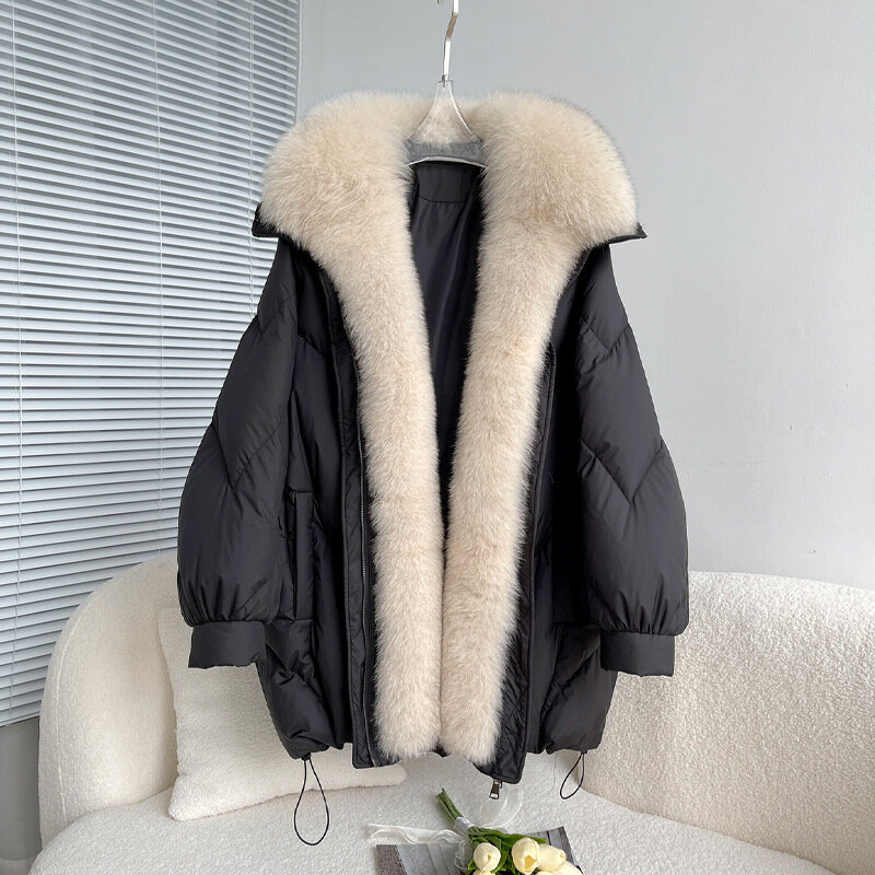 Abrigo de piel de zorro para mujer, chaqueta informal de longitud media, Cuello de piel
