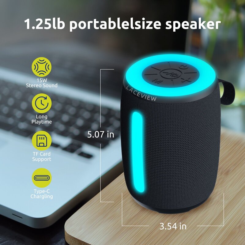Alto-falante portátil sem fio à prova d'água, estéreo Bluetooth, emparelhamento TWS, LED, chamada, rádio, cartão TF, USB, AUX