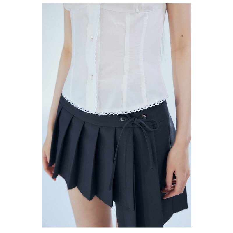 Deeptown kemeja lengan pendek putih dasar blus JK manis kancing Wanita Mode Korea musim panas Coquette Harajuku