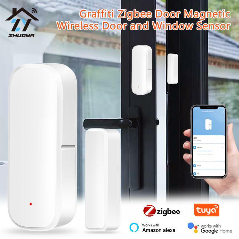 ZY Tuya ZigBee Sensor de puerta y ventana, protección de seguridad para el hogar inteligente, detectores abiertos/cerrados, funciona con Alexa y Google Home
