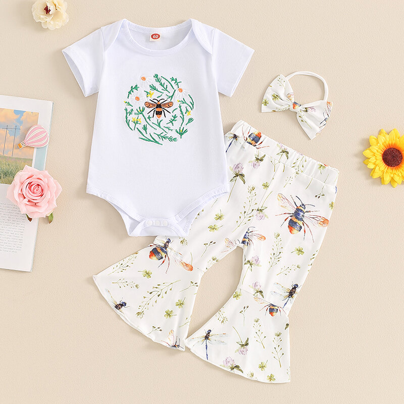 2024-03-29 lioraitiin 3Pcs Baby Girl Casual Set Short Sleeve Romper with Daisy Pattern Flare Pants and Headband Outfit