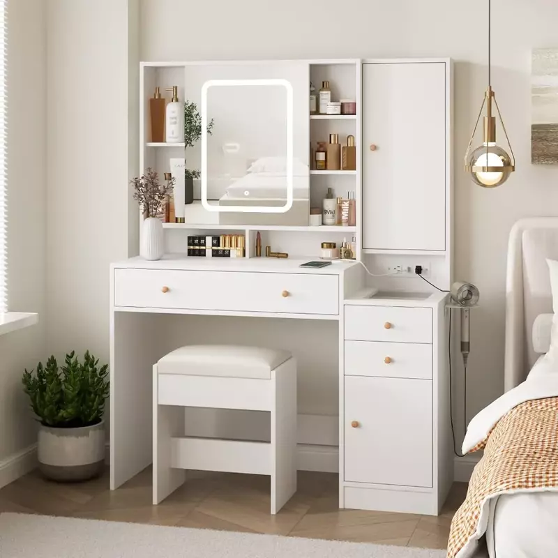 Table de maquillage de luxe avec lumières, meubles de vanité, 3 armoires de proximité, ensemble de table en spanTable avec bureau miroir