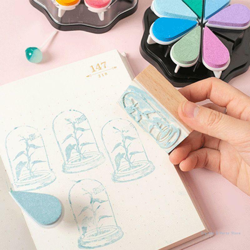 M17F 귀여운 8 색 물방울 꽃잎 잉크 패드 스탬프 DIY 손가락 그림 공예 어린이 학생 편지지