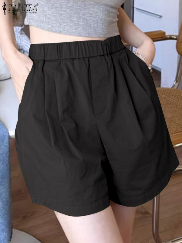 ZANZEA damska szorty na lato modna elastyczna talia jednolity kolor, spodnie na co dzień luźna plaża Palazzo artystyczna wakacyjna Pantalon Oversize