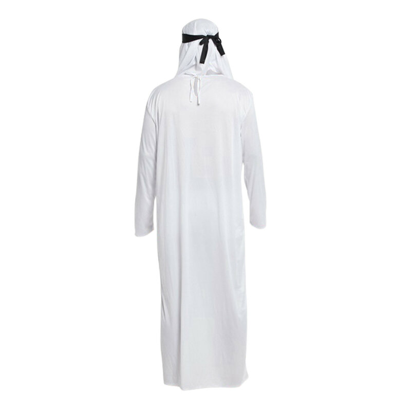 Middle East Emirati Men'S Robe Classic White Muslims Robe With Headscarf Saudi Arab Round Neck Long Sleeves Islamic Kaftan