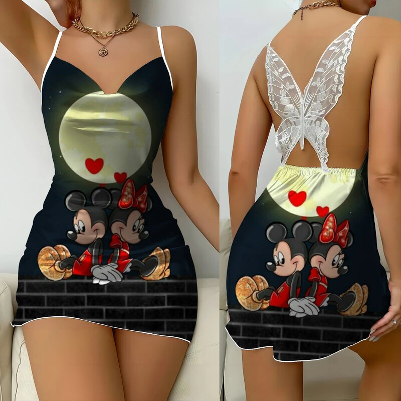 Falda de pijama con estampado de Disney para mujer, minivestido Sexy de satén con estampado de Mickey Mouse, Espalda descubierta, con lazo, para fiesta de verano, 2024