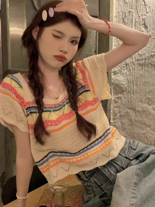 Fashion Summer Lady New Bohemia Hollow Out Square Neck Short Sleeved Loose Patchwork Youth All-match Knitting Short Gradient Top