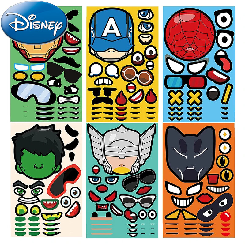 6/12sheets Disney Cool Cartoon Superhero Puzzle Stickers Make a Face Sticker Kid Assembly Jigsaw Education Decals Toy Party Gift