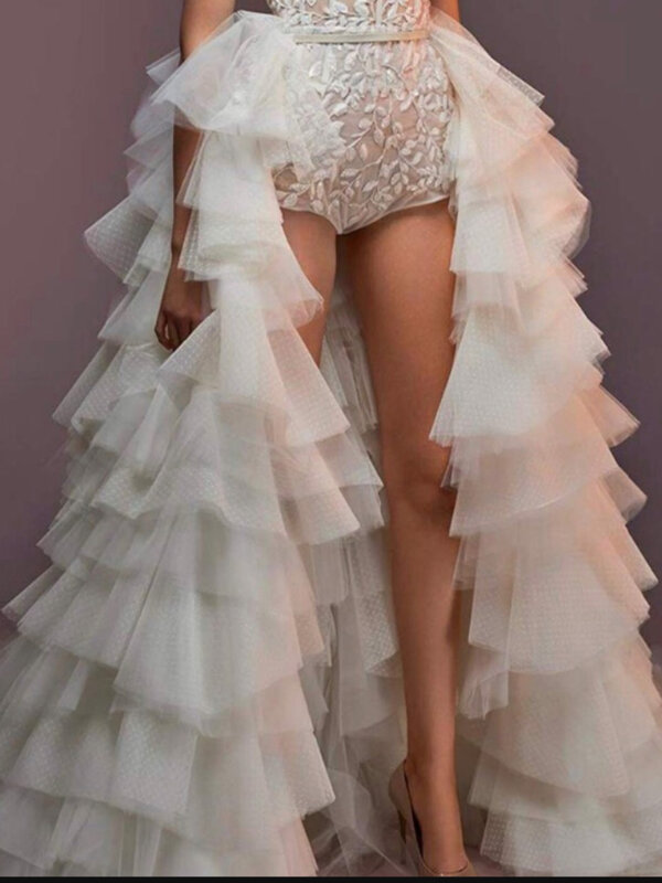 Gaun Prom Panjang Tulle Ruffle Overskirt Dapat Dilepas Rok Malam Tulle Berjenjang Kereta Sapu Overlay Rok Pernikahan Sesuai Pesanan