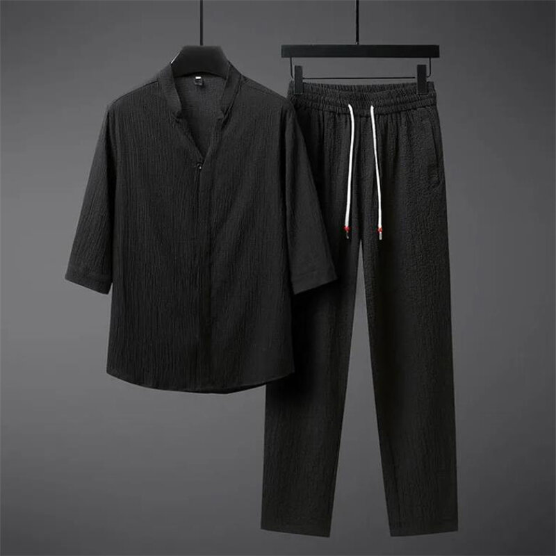 Spring Summer Men's Two Piece Sets Casual Sport Suits Male Outdoor Sport Style V-neck Tops and Elastic Waist Pants Big Size